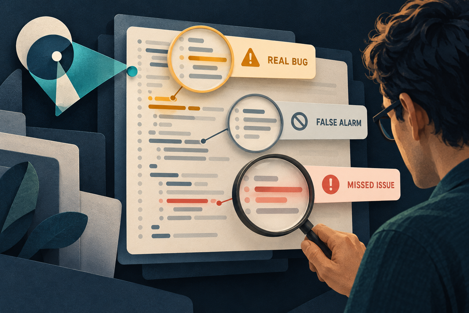 Editorial illustration of a code review with a real bug, a false alarm, and an issue the reviewer missed.